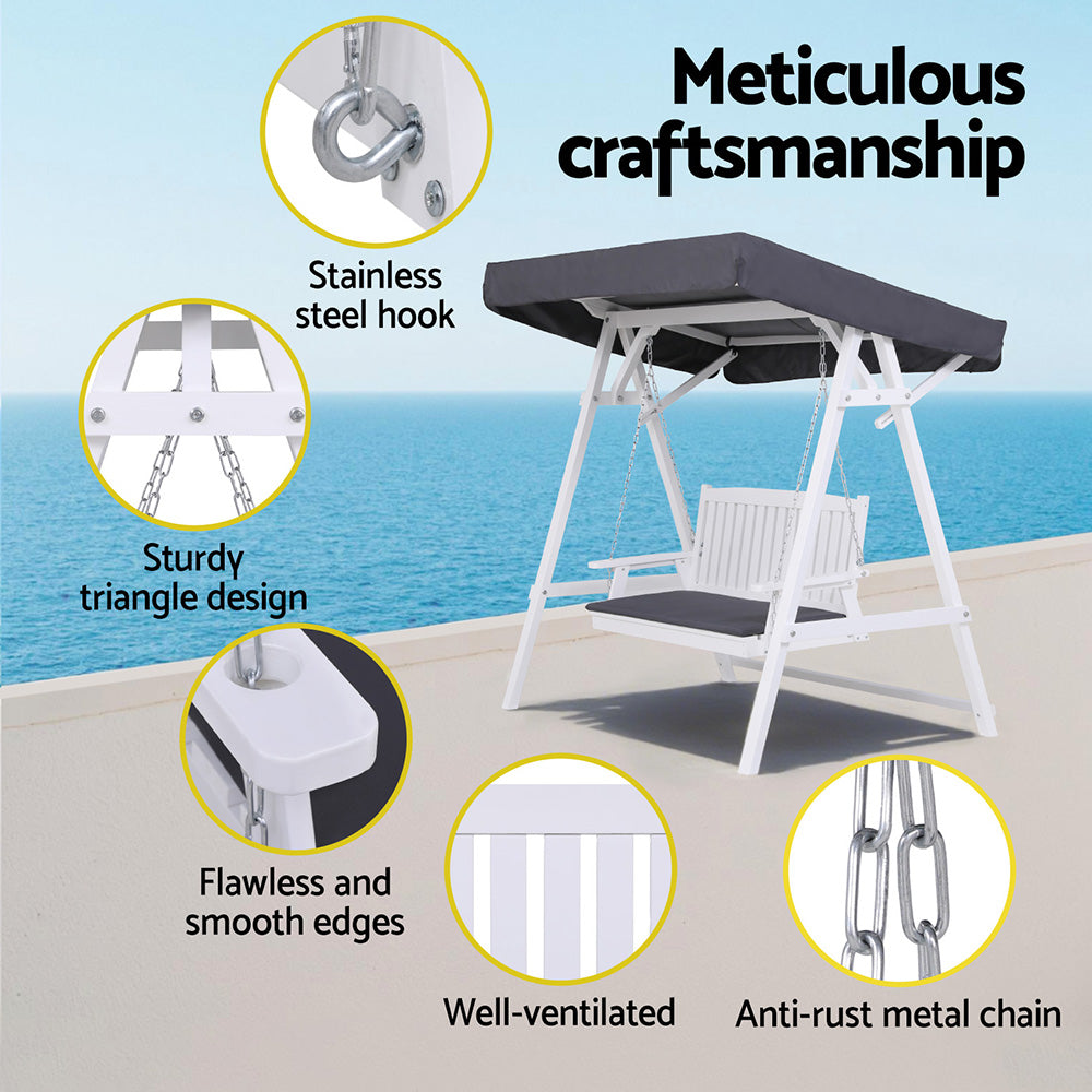 Gardeon Outdoor Wooden Swing Chair Garden Bench Canopy Cushion 3 Seater White 5
