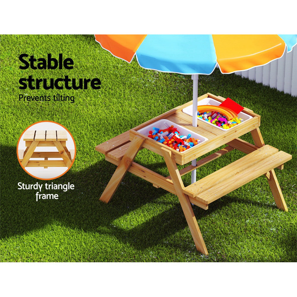 Keezi Kids Outdoor Table and Chairs Picnic Bench Umbrella Set Water Sand Pit Box 5