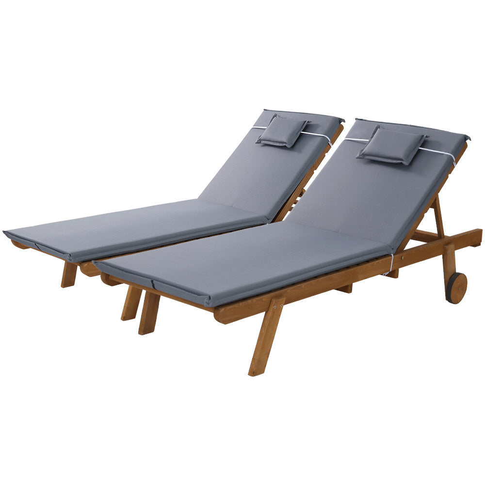 Gardeon 2x Sun Lounge Wooden Lounger Outdoor Furniture Day Bed Wheel Patio Grey 7