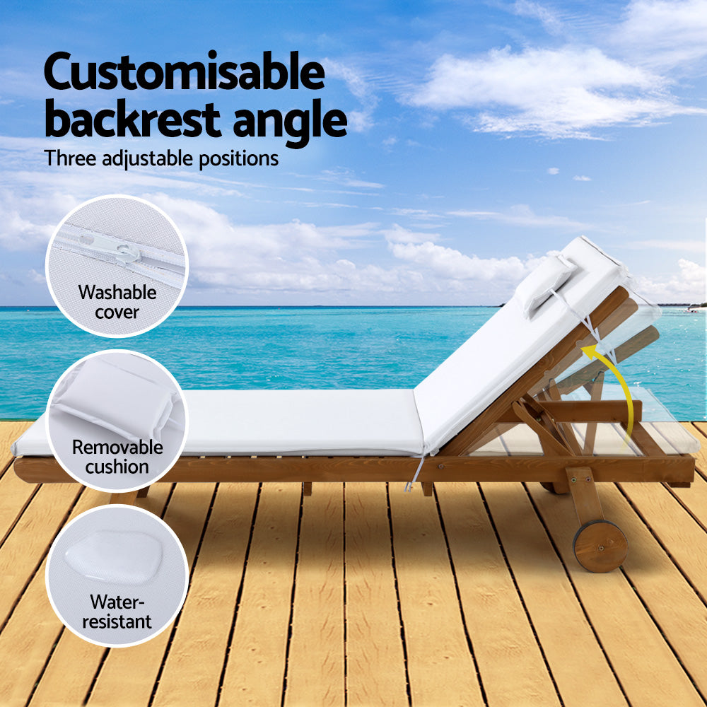 Gardeon Sun Lounge Wooden Lounger Outdoor Furniture Day Bed Wheels Patio White 5
