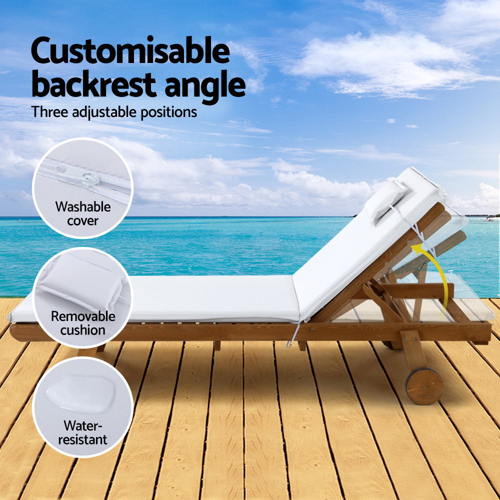 Gardeon 2x Sun Lounge Wooden Lounger Outdoor Furniture Day Bed Wheel Patio White 5