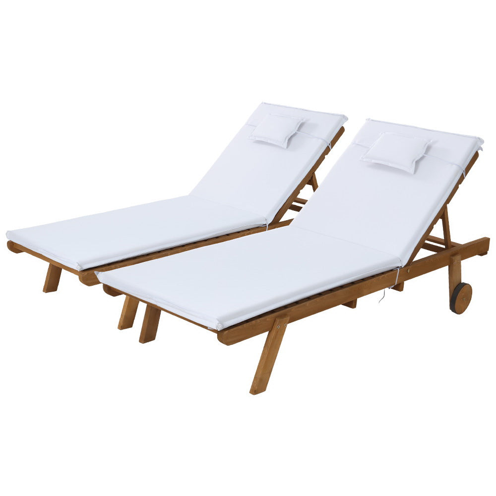 Gardeon 2x Sun Lounge Wooden Lounger Outdoor Furniture Day Bed Wheel Patio White 7