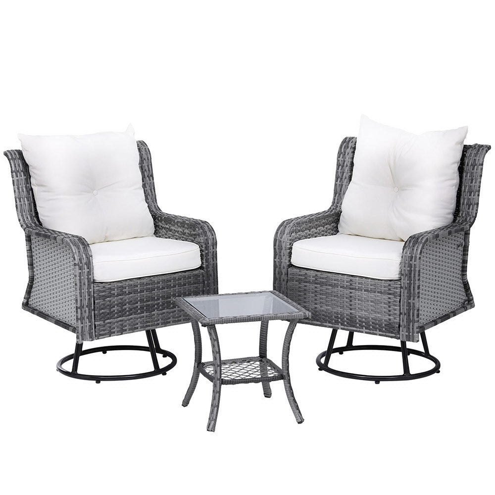 Gardeon 3PC Outdoor Furniture Bistro Set Lounge Wicker Swivel Chairs Table Cushion Grey 7