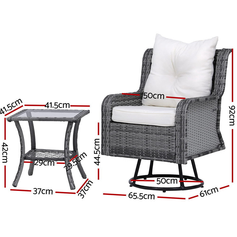 Gardeon 3PC Outdoor Furniture Bistro Set Lounge Wicker Swivel Chairs Table Cushion Grey 3