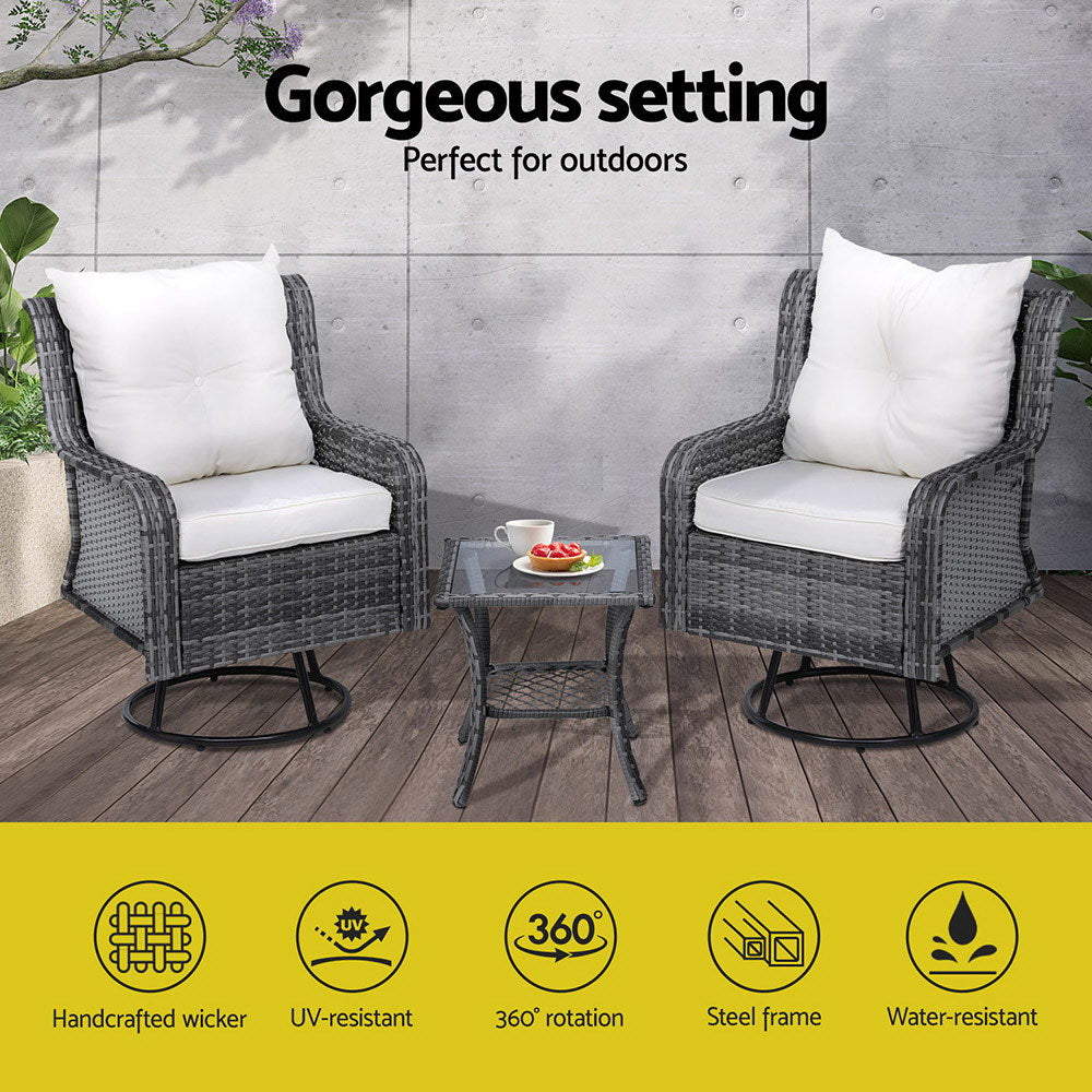 Gardeon 3PC Outdoor Furniture Bistro Set Lounge Wicker Swivel Chairs Table Cushion Grey 4