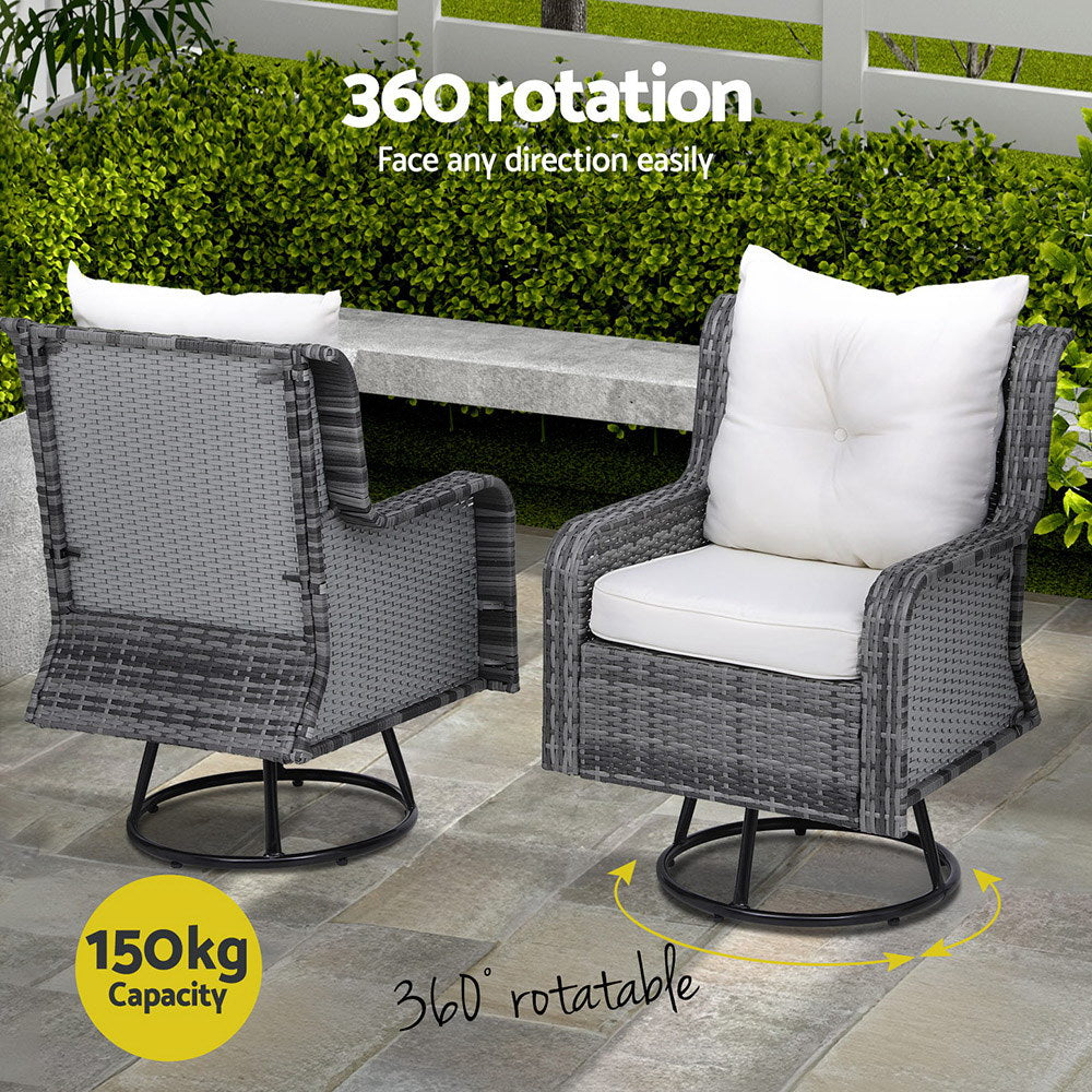 Gardeon 3PC Outdoor Furniture Bistro Set Lounge Wicker Swivel Chairs Table Cushion Grey 5