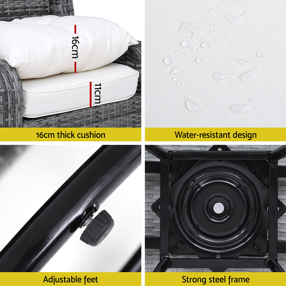 Gardeon 3PC Outdoor Furniture Bistro Set Lounge Wicker Swivel Chairs Table Cushion Grey 6