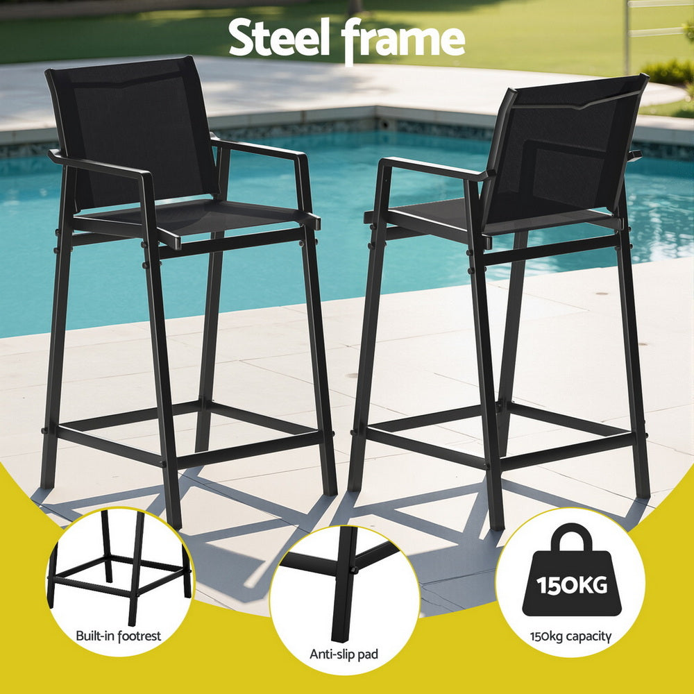 Gardeon 2PC Outdoor Bar Stools Steel Dining Chairs Patio Furniture Garden Black 4