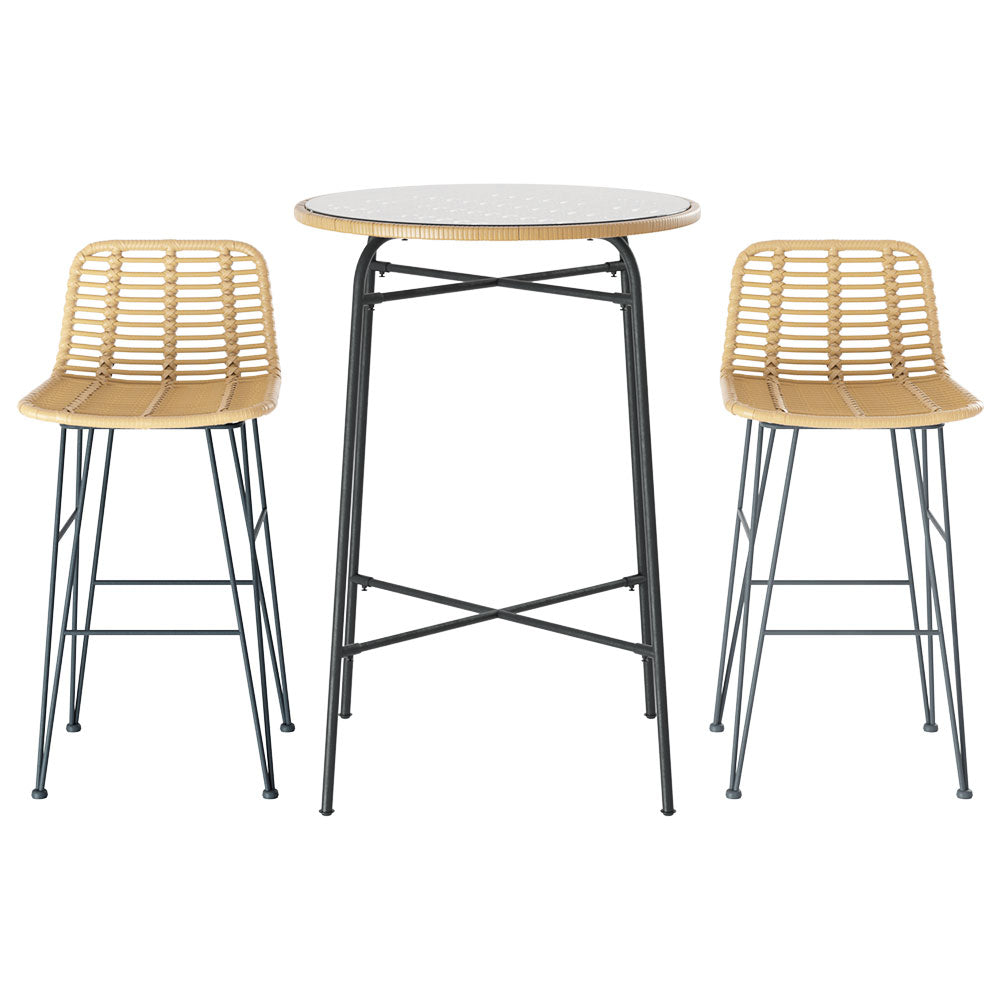 Gardeon 3-Piece Outdoor Bar Set Wicker Table Chairs Patio Bistro 3