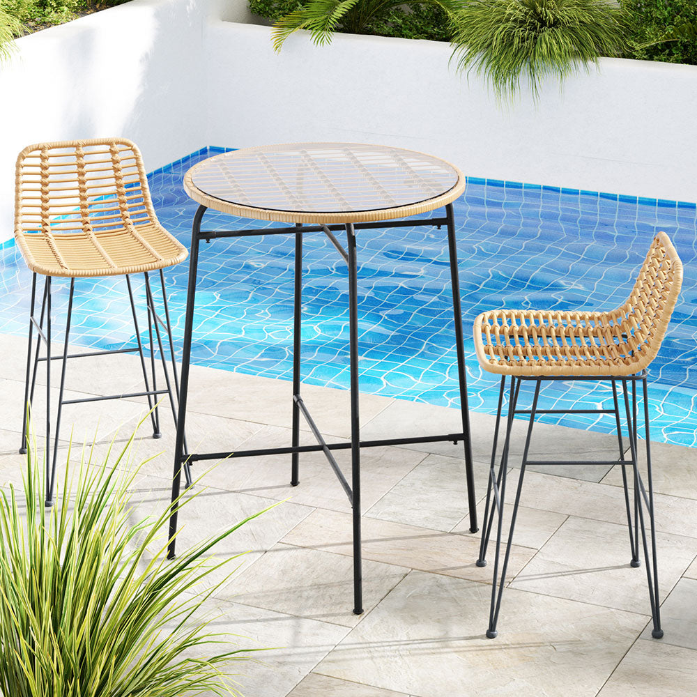 Gardeon 3-Piece Outdoor Bar Set Wicker Table Chairs Patio Bistro 7
