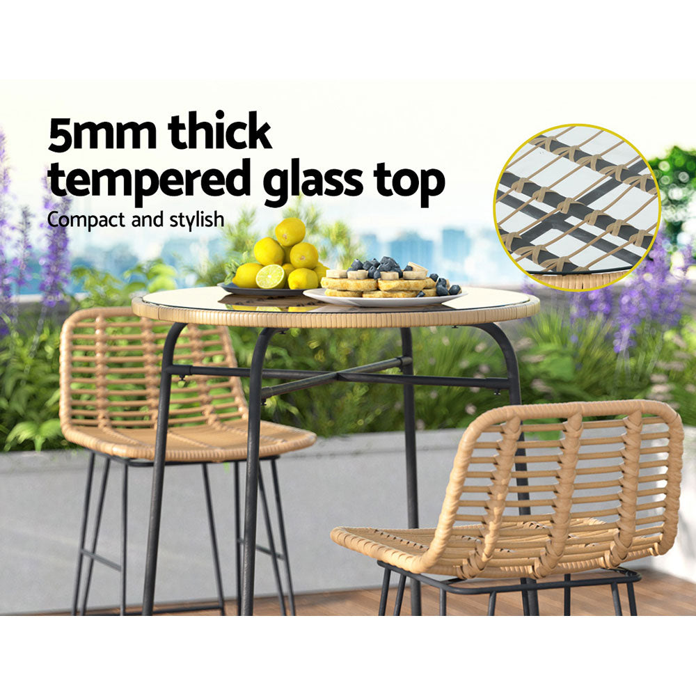 Gardeon Outdoor Bar Table Wicker Dining Bistro Patio Balcony Glass Table Steel 6