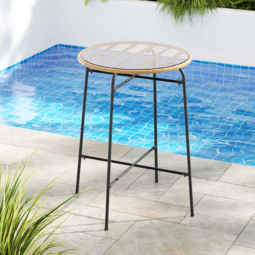 Gardeon Outdoor Bar Table Wicker Dining Bistro Patio Balcony Glass Table Steel 8