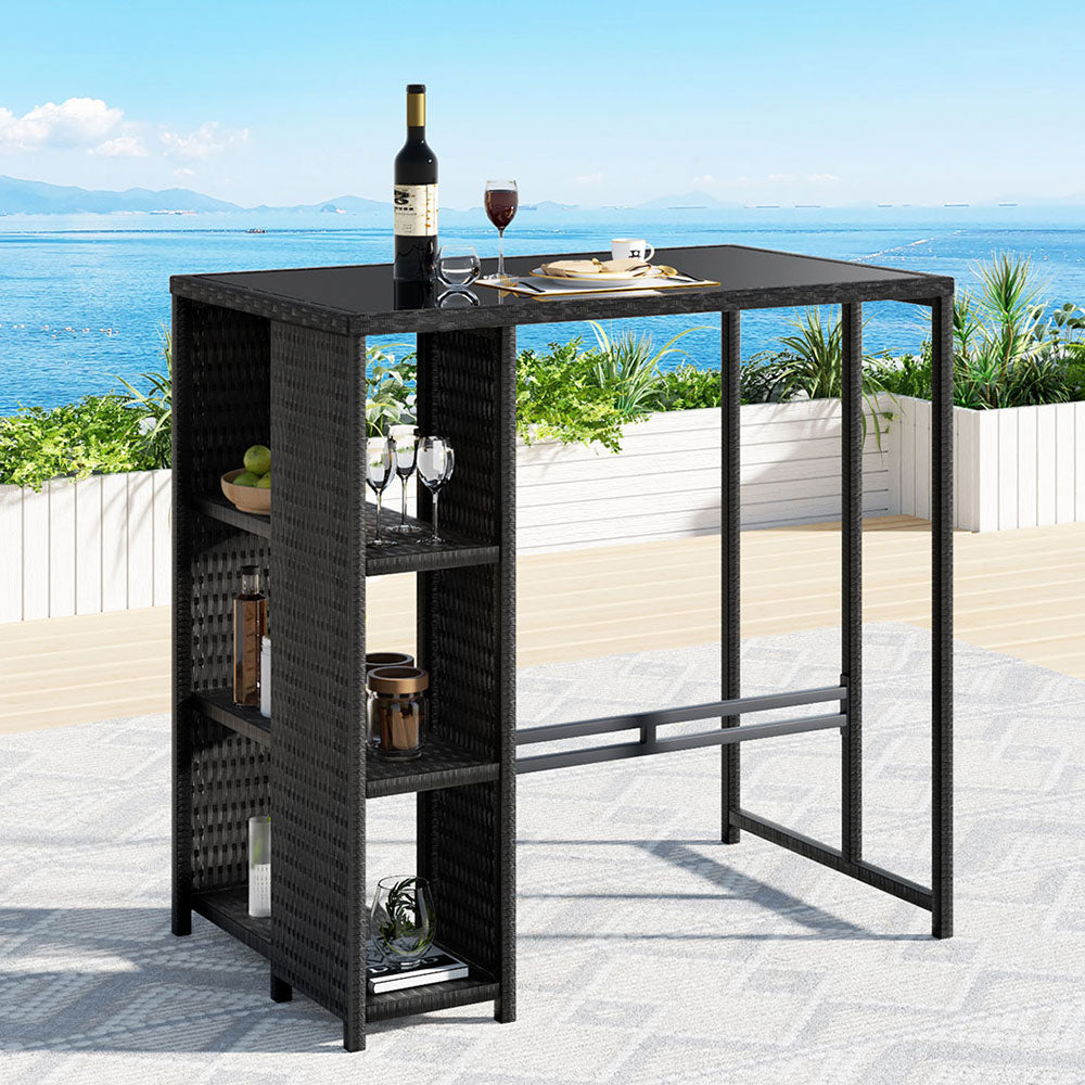 Gardeon Outdoor Bar Table Wicker Dining Bistro Glass Desk Steel Patio Furniture Black 7