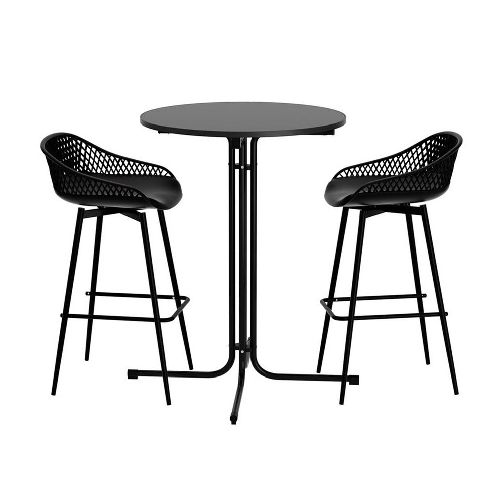 Gardeon 3PC Outdoor Bar Set Stools Dining Chairs Table Patio Furniture Bistro Set Black 3
