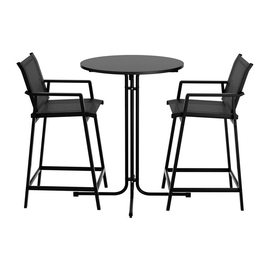 Gardeon 3PC Outdoor Bar Set Stools Dining Chairs Table Patio Furniture Bistro Set Steel Black 3