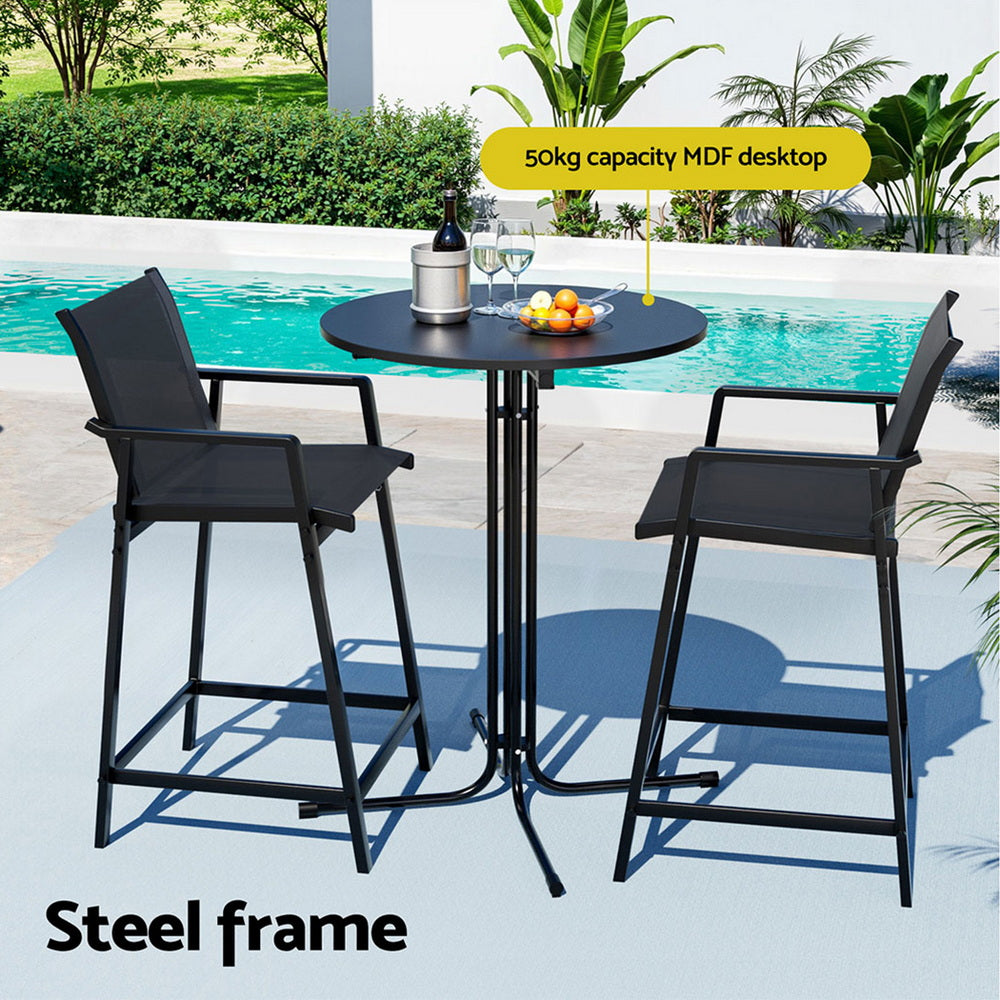 Gardeon 3PC Outdoor Bar Set Stools Dining Chairs Table Patio Furniture Bistro Set Steel Black 4