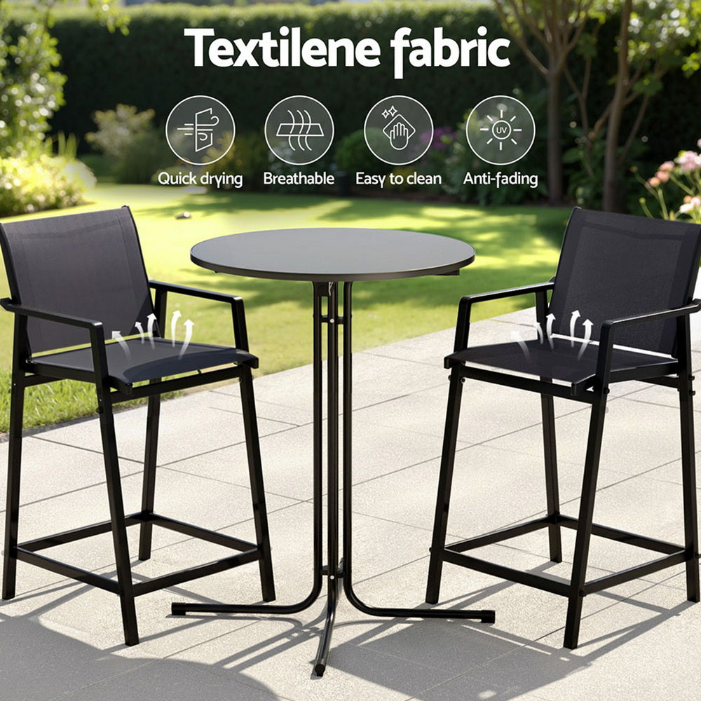 Gardeon 3PC Outdoor Bar Set Stools Dining Chairs Table Patio Furniture Bistro Set Steel Black 5