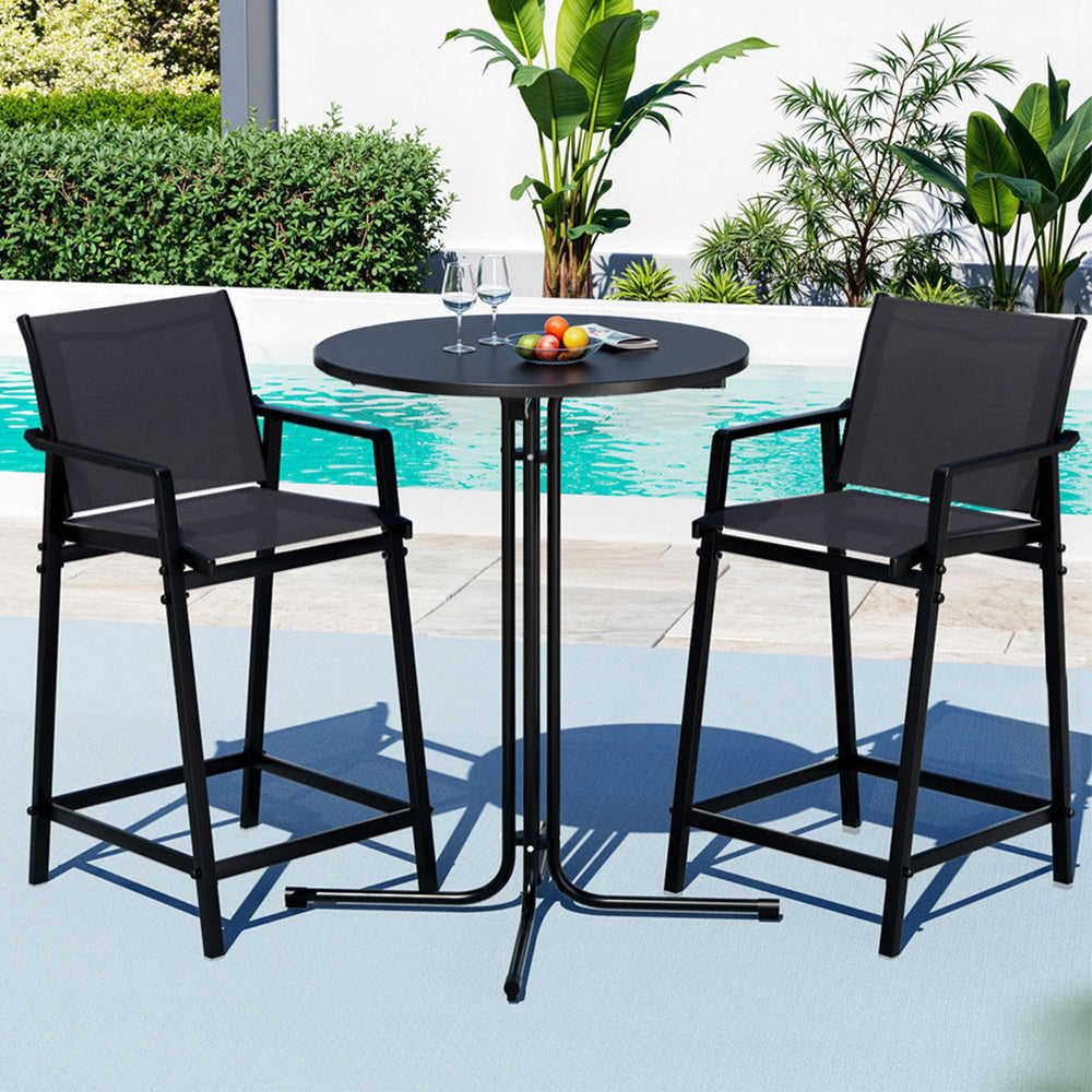 Gardeon 3PC Outdoor Bar Set Stools Dining Chairs Table Patio Furniture Bistro Set Steel Black 7