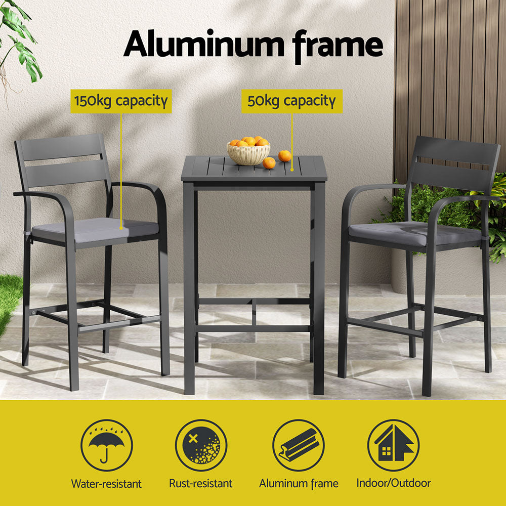 Gardeon 3Pcs Outdoor Bar Set Stools Dining Chairs Table Patio Aluminium Bistro Set Black 4