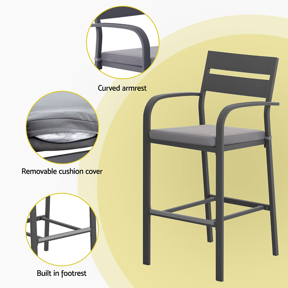 Gardeon 3Pcs Outdoor Bar Set Stools Dining Chairs Table Patio Aluminium Bistro Set Black 5