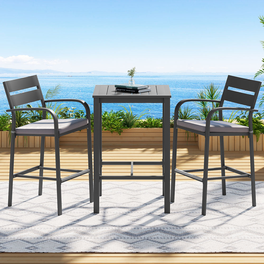 Gardeon 3Pcs Outdoor Bar Set Stools Dining Chairs Table Patio Aluminium Bistro Set Black 7