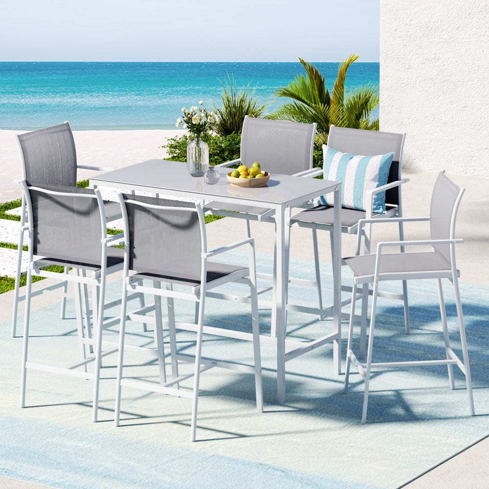 Gardeon 7PCS Outdoor Bar Set Stools Dining Chairs Table Patio Steel Bistro Set White 6