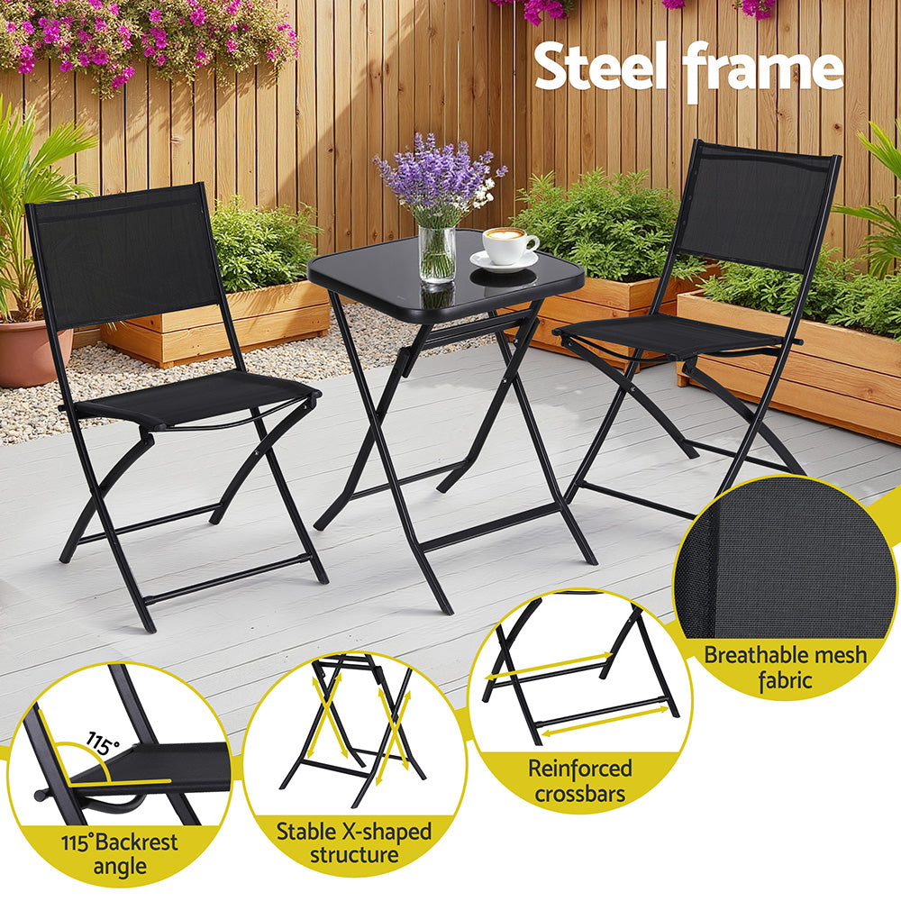 Gardeon Outdoor Bistro Set Folding Table and Chairs Patio Furniture Garden Steel Black 3