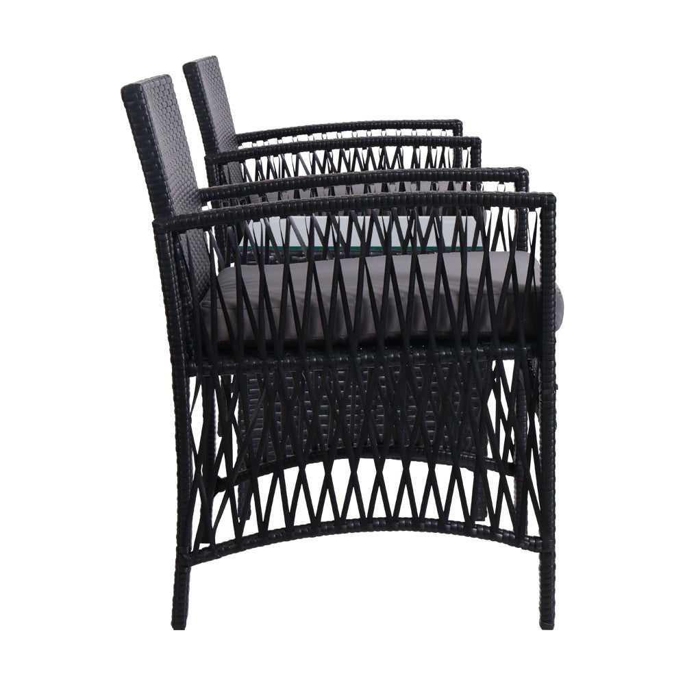 Gardeon 3PC Outdoor Bistro Set Patio Furniture Wicker Dining Chairs Table Cushion Black 3