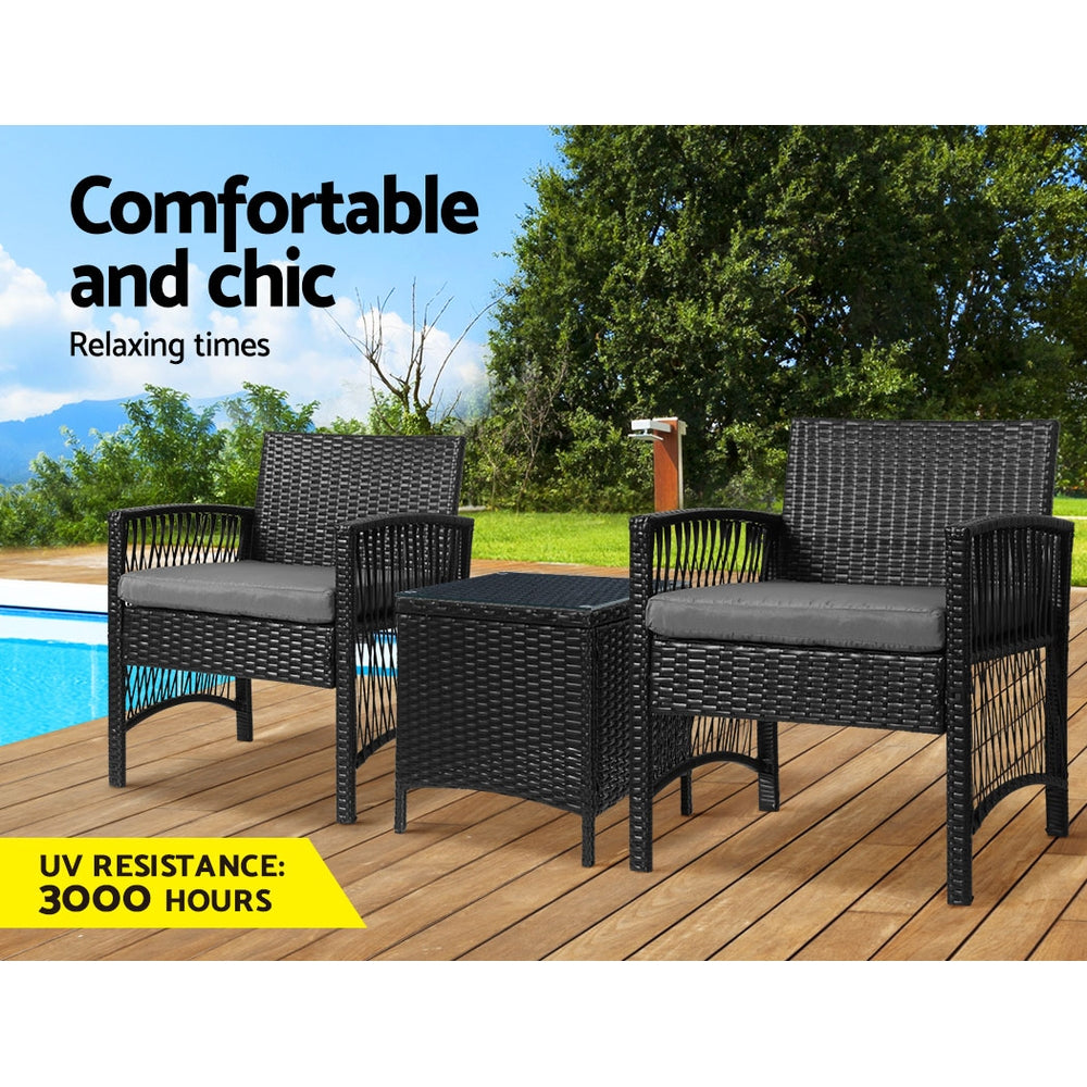 Gardeon 3PC Outdoor Bistro Set Patio Furniture Wicker Dining Chairs Table Cushion Black 4