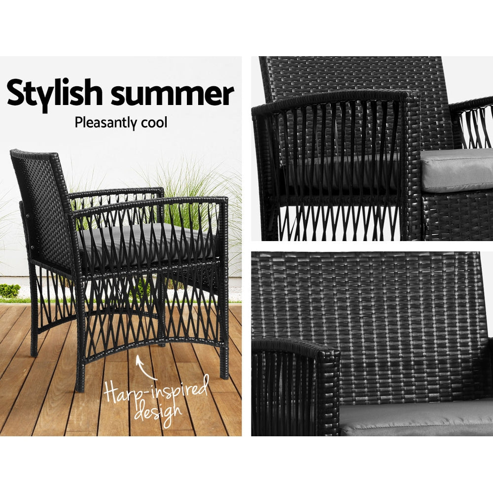 Gardeon 3PC Outdoor Bistro Set Patio Furniture Wicker Dining Chairs Table Cushion Black 5