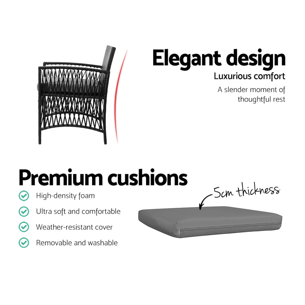 Gardeon 3PC Outdoor Bistro Set Patio Furniture Wicker Dining Chairs Table Cushion Black 6