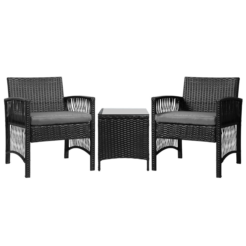 Gardeon 3PC Outdoor Bistro Set Patio Furniture Wicker Dining Chairs Table Cushion Black 7