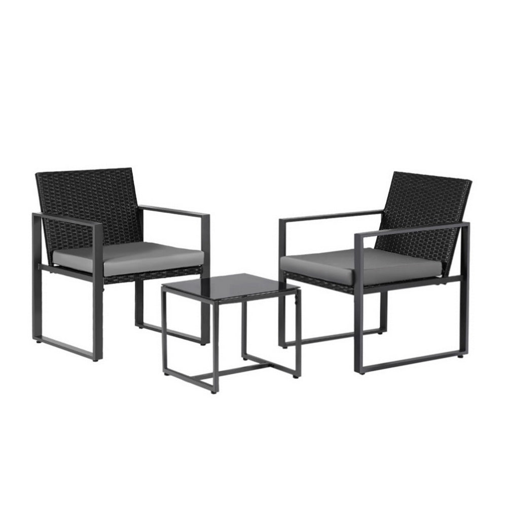 Gardeon 3PC Outdoor Bistro Set Patio Furniture Wicker Dining Chairs Table Cushion Black 3