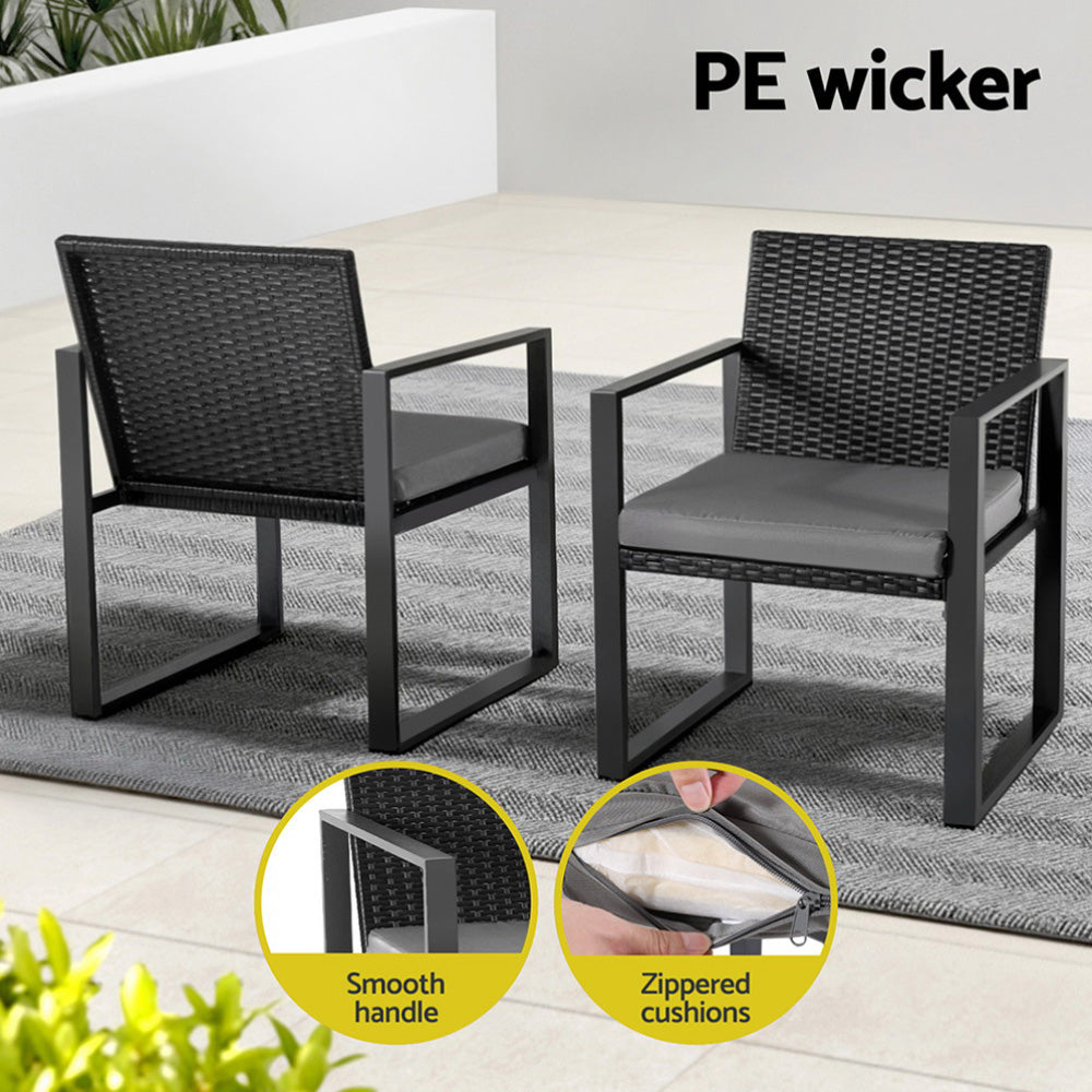 Gardeon 3PC Outdoor Bistro Set Patio Furniture Wicker Dining Chairs Table Cushion Black 5