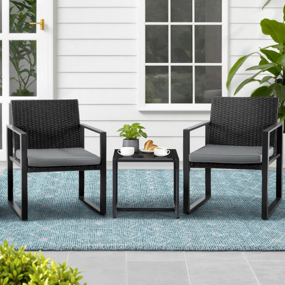 Gardeon 3PC Outdoor Bistro Set Patio Furniture Wicker Dining Chairs Table Cushion Black 7