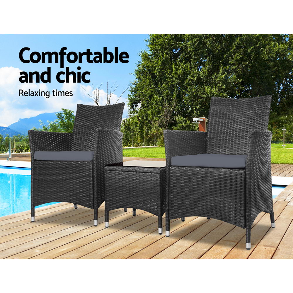 Gardeon 3PC Outdoor Bistro Set Patio Furniture Wicker Chairs Table Cushion All Black 3