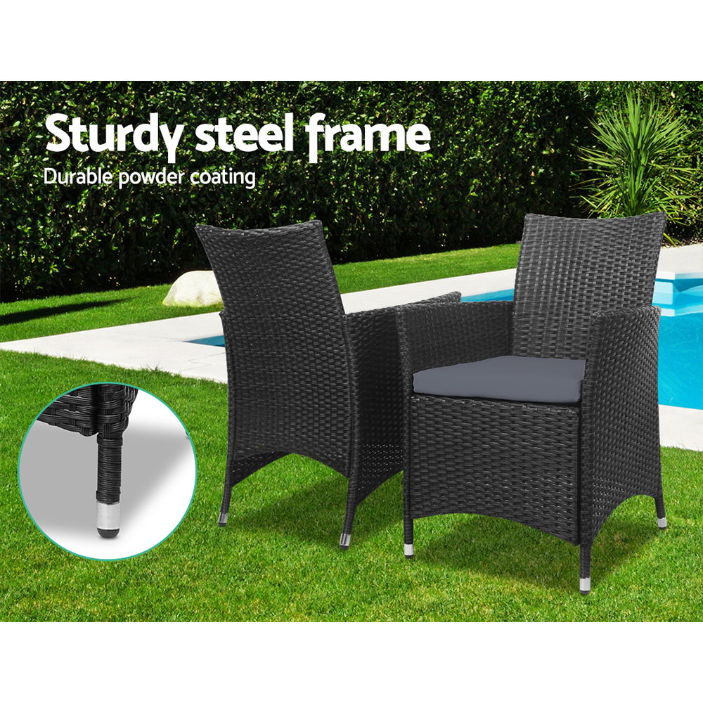 Gardeon 3PC Outdoor Bistro Set Patio Furniture Wicker Chairs Table Cushion All Black 4