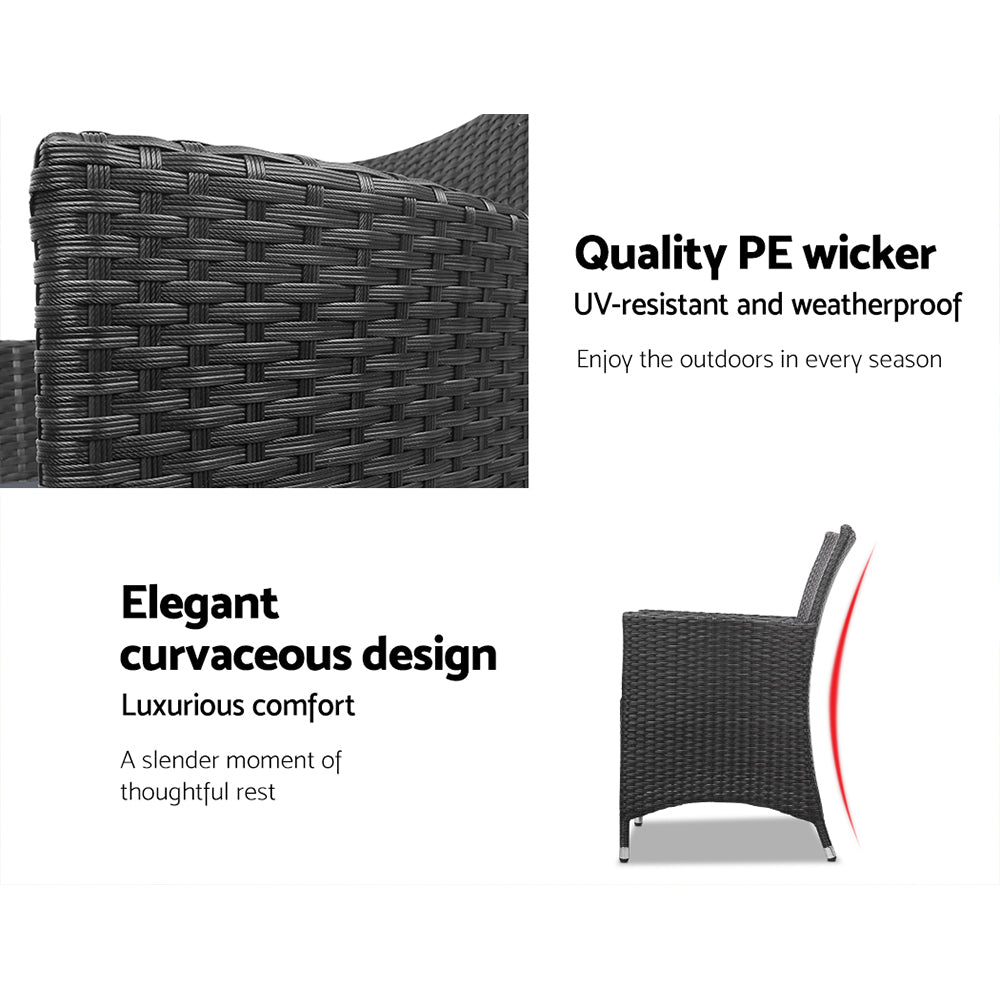 Gardeon 3PC Outdoor Bistro Set Patio Furniture Wicker Chairs Table Cushion All Black 5