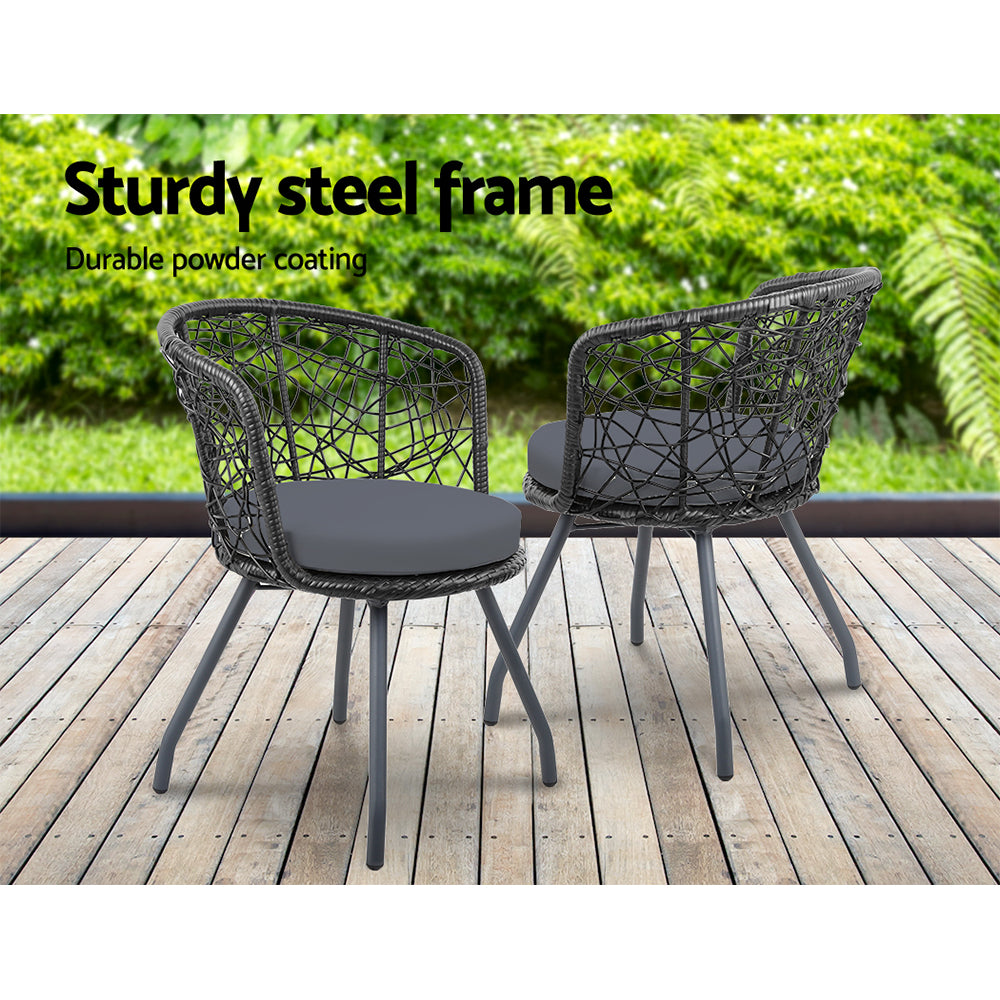 Gardeon 3PC Bistro Set Outdoor Furniture Rattan Table Chairs Patio Garden Cushion Black 3