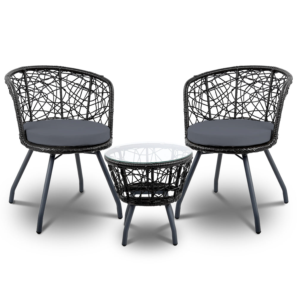 Gardeon 3PC Bistro Set Outdoor Furniture Rattan Table Chairs Patio Garden Cushion Black 7