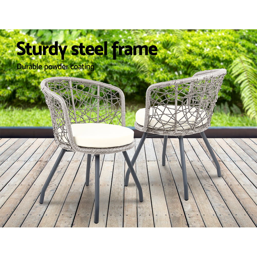 Gardeon 3PC Bistro Set Outdoor Furniture Rattan Table Chairs Patio Garden Cushion Grey 3