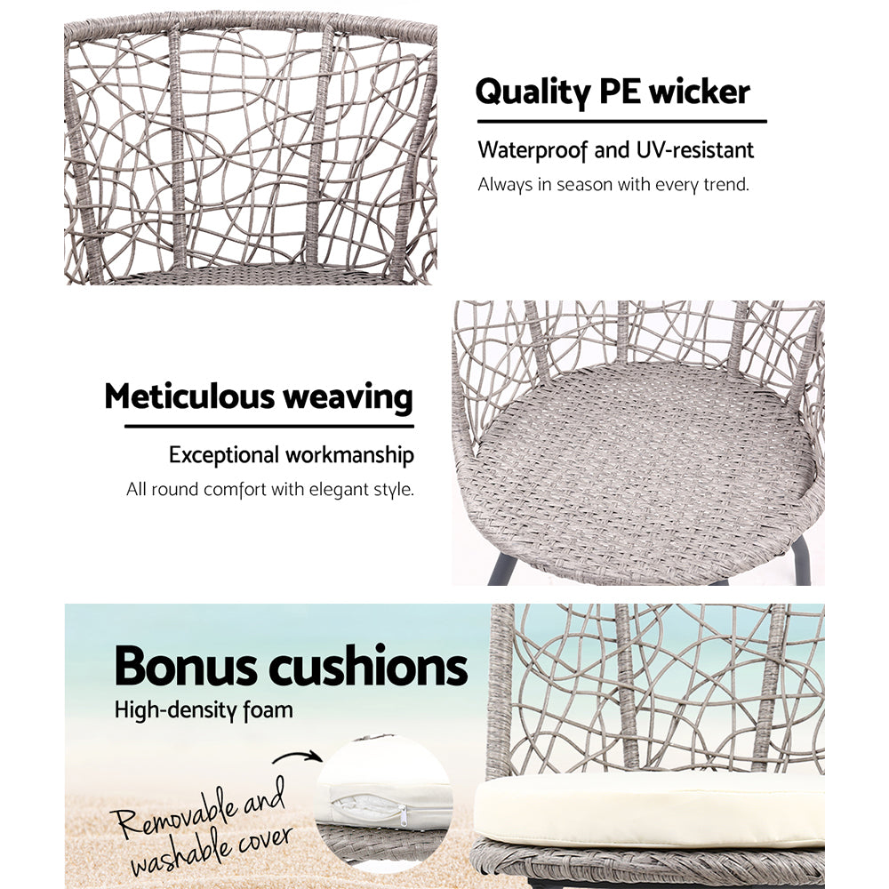 Gardeon 3PC Bistro Set Outdoor Furniture Rattan Table Chairs Patio Garden Cushion Grey 4