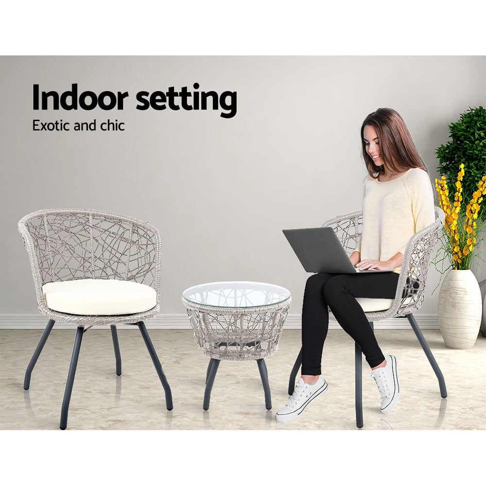 Gardeon 3PC Bistro Set Outdoor Furniture Rattan Table Chairs Patio Garden Cushion Grey 6