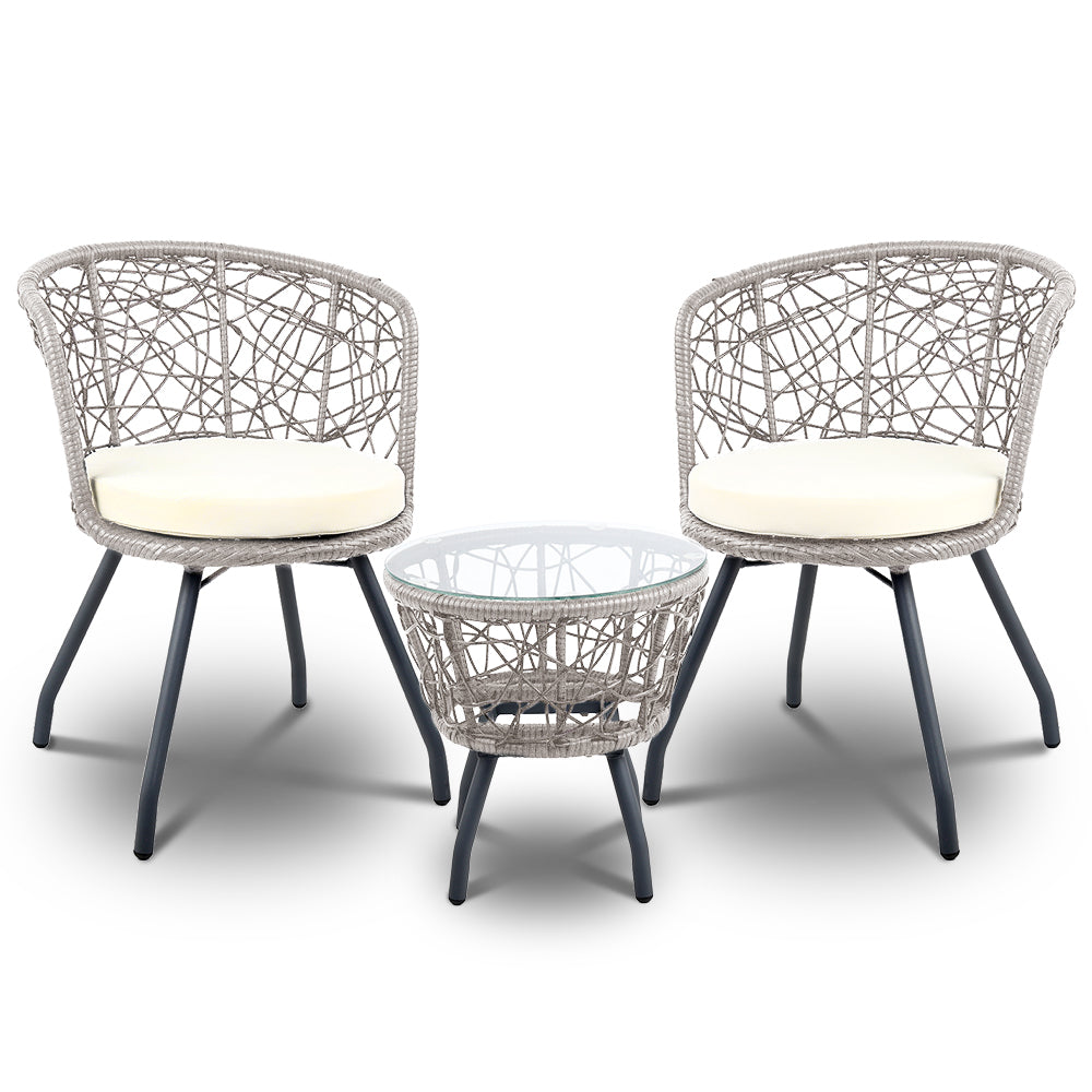 Gardeon 3PC Bistro Set Outdoor Furniture Rattan Table Chairs Patio Garden Cushion Grey 7