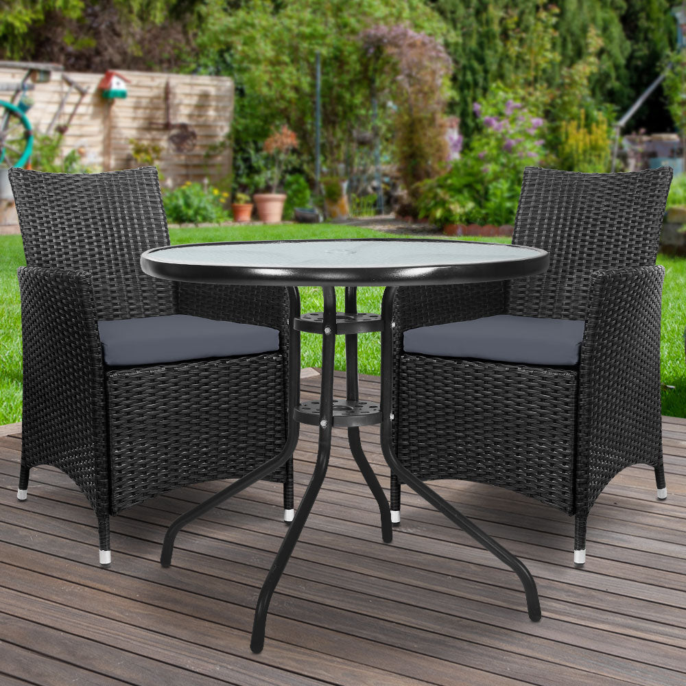 Gardeon 3PC Bistro Set Outdoor Furniture Rattan Table Chairs Cushion Patio Garden Idris 8