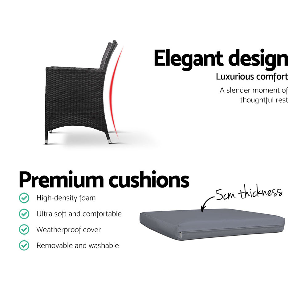 Gardeon 3PC Bistro Set Outdoor Furniture Rattan Table Chairs Cushion Patio Garden Idris 12