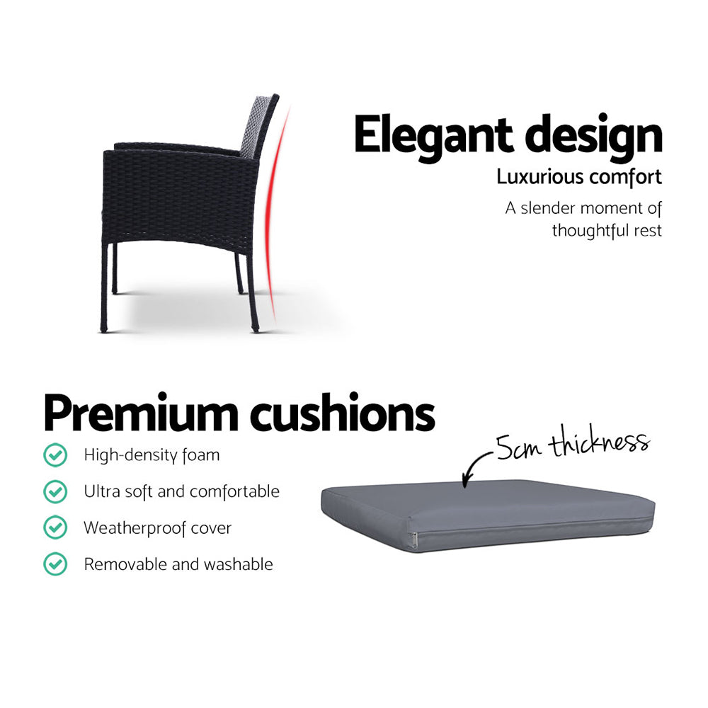 Gardeon 3PC Bistro Set Outdoor Furniture Rattan Table Chairs Cushion Patio Garden Ezra 13