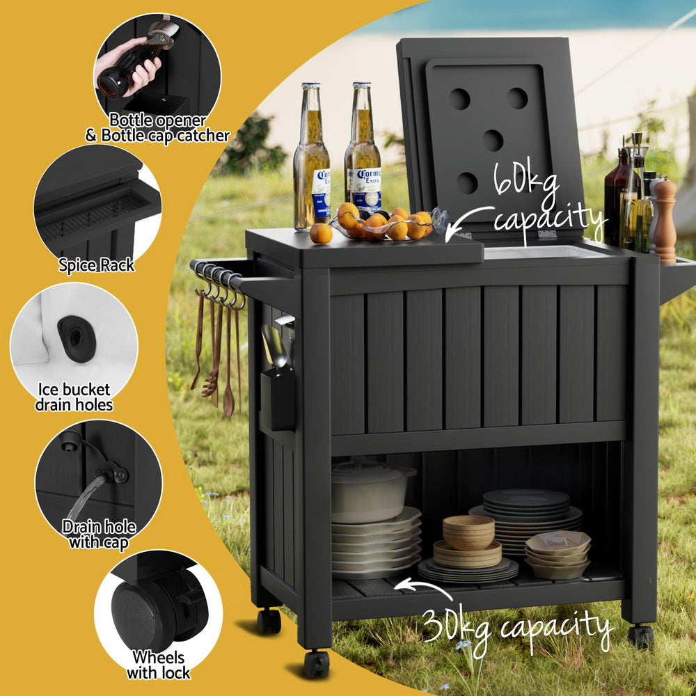 Gardeon Outdoor Storage Cabinet Box 80L Ice Bucket Cooler Rolling Serving Cart Kitchen Trolley 6