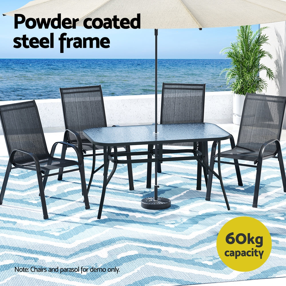Gardeon 140CM Outdoor Dining Table Steel Frame Tempered Glass Parasol Hole Black 4