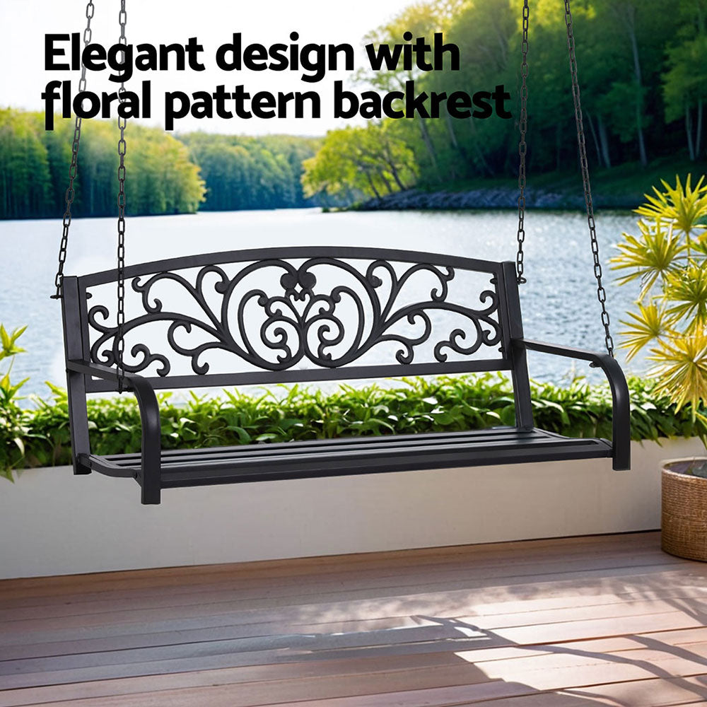 Gardeon Outdoor Porch Swing Chair Patio Furniture Floral Backrest 2 Seater Black 5
